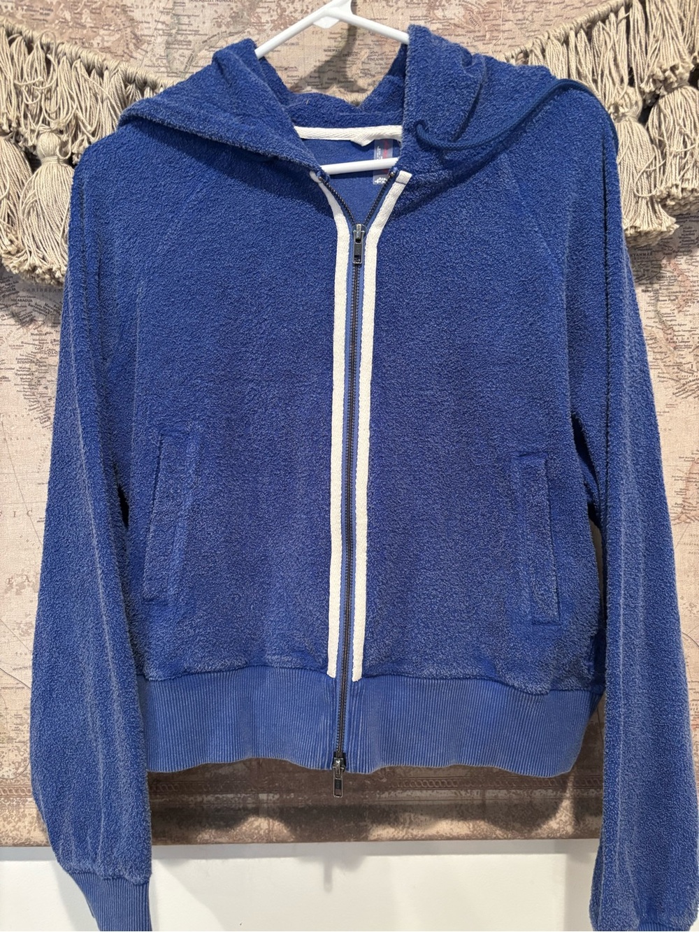 Free People Royal Blue Terry Hooded Zip Bomber Jacket